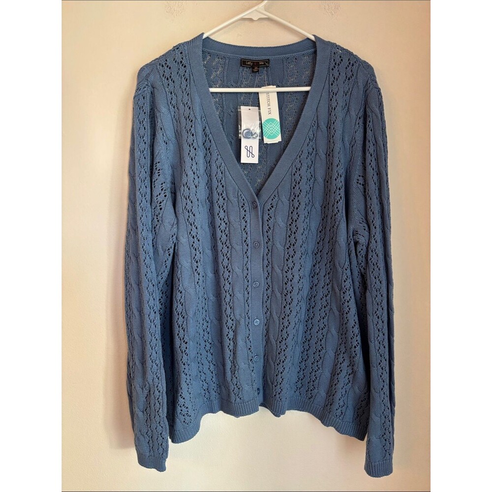 Blue Open knit V-Neck Button front pointelle Cardigan sweater Women blue 3XL NWT